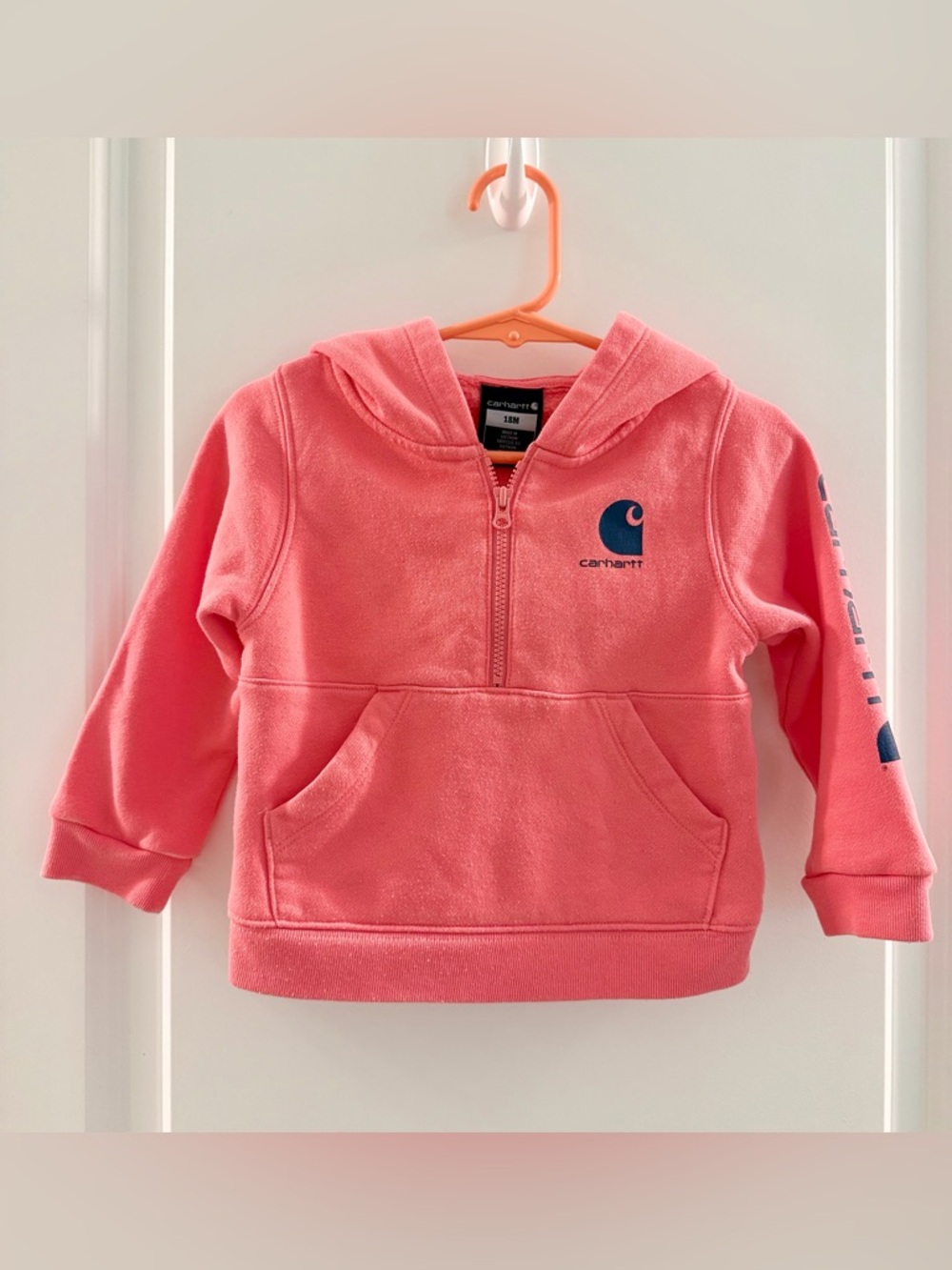 Carhartt Toddler Half-Zip Hoodie in Pink with Navy Logo- size 18months